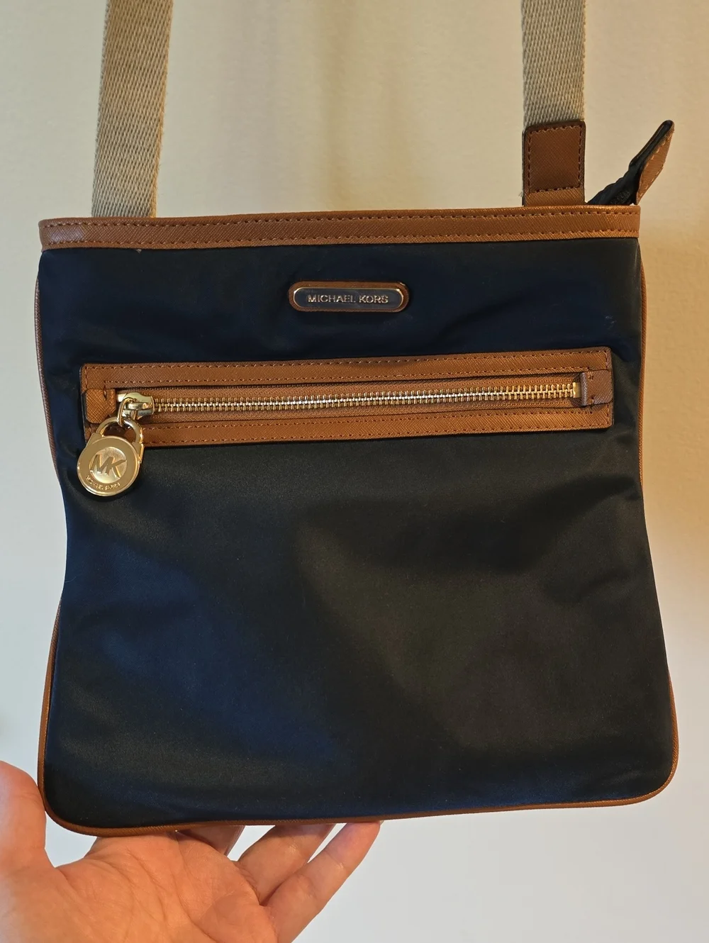 Michael Kors Navy and Brown Nylon Crossbody Messenger